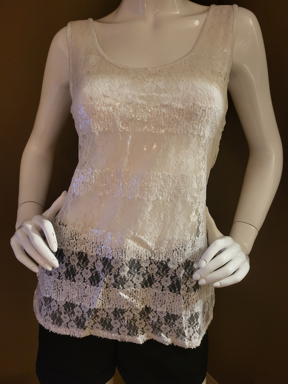 Charlotte Russe Cream Sleeveless Lace Overlay Tank